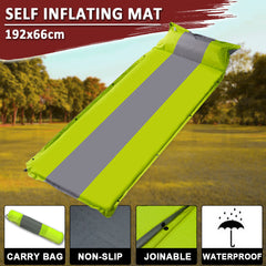 Self Inflating Mattress Sleeping Mat Air Bed Camping Camp Hiking Joinable Pillow - green