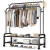 Heavy Duty Portable Double Rail Clothes Garment Hanging Rack Shoe Storage Shelf Organizer Hanger Dryer - Black