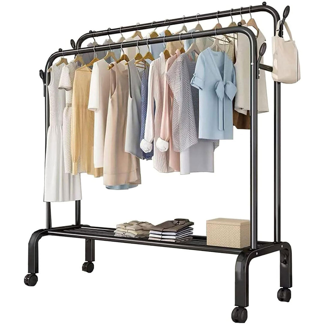 Heavy Duty Portable Double Rail Clothes Garment Hanging Rack Shoe Storage Shelf Organizer Hanger Dryer