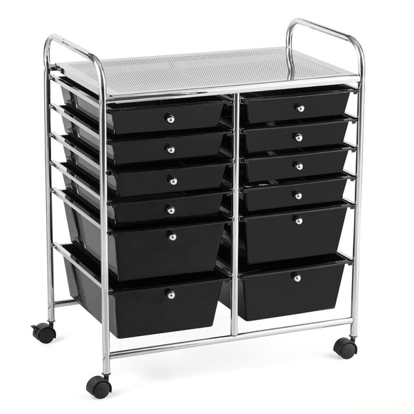 12 Drawers Rolling Storage Cart Paper Organiser Trolley w/ Wheels Home Office - black