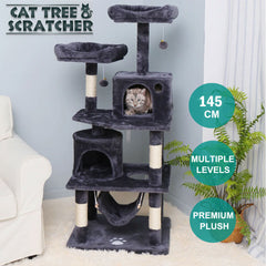 145cm Cat Tree Tower Scratching Post Scratcher Toys Wooden Condo House Cats Bed - Grey